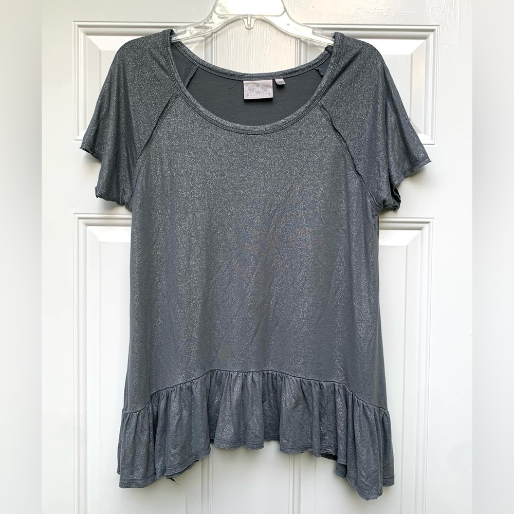 Dantelle Women's Blouse Size L Silver Metallic Short Sleeves Top Shirt Stretch